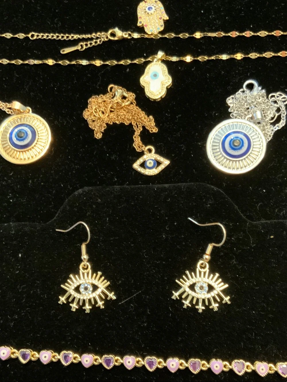 Gold Hamsa & Evil Eye Necklace Set with Blue Accents